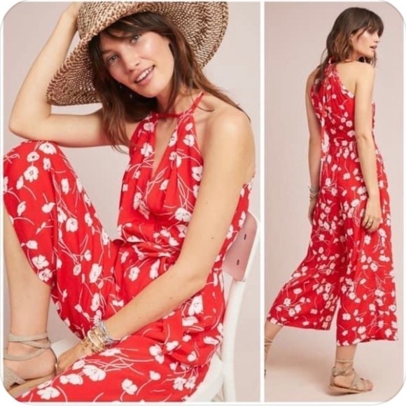 Moulinette Soeurs Pants - Moulinette Soeurs Red White Floral Jumpsuit S Anthropologie Wide Leg Boho Halter